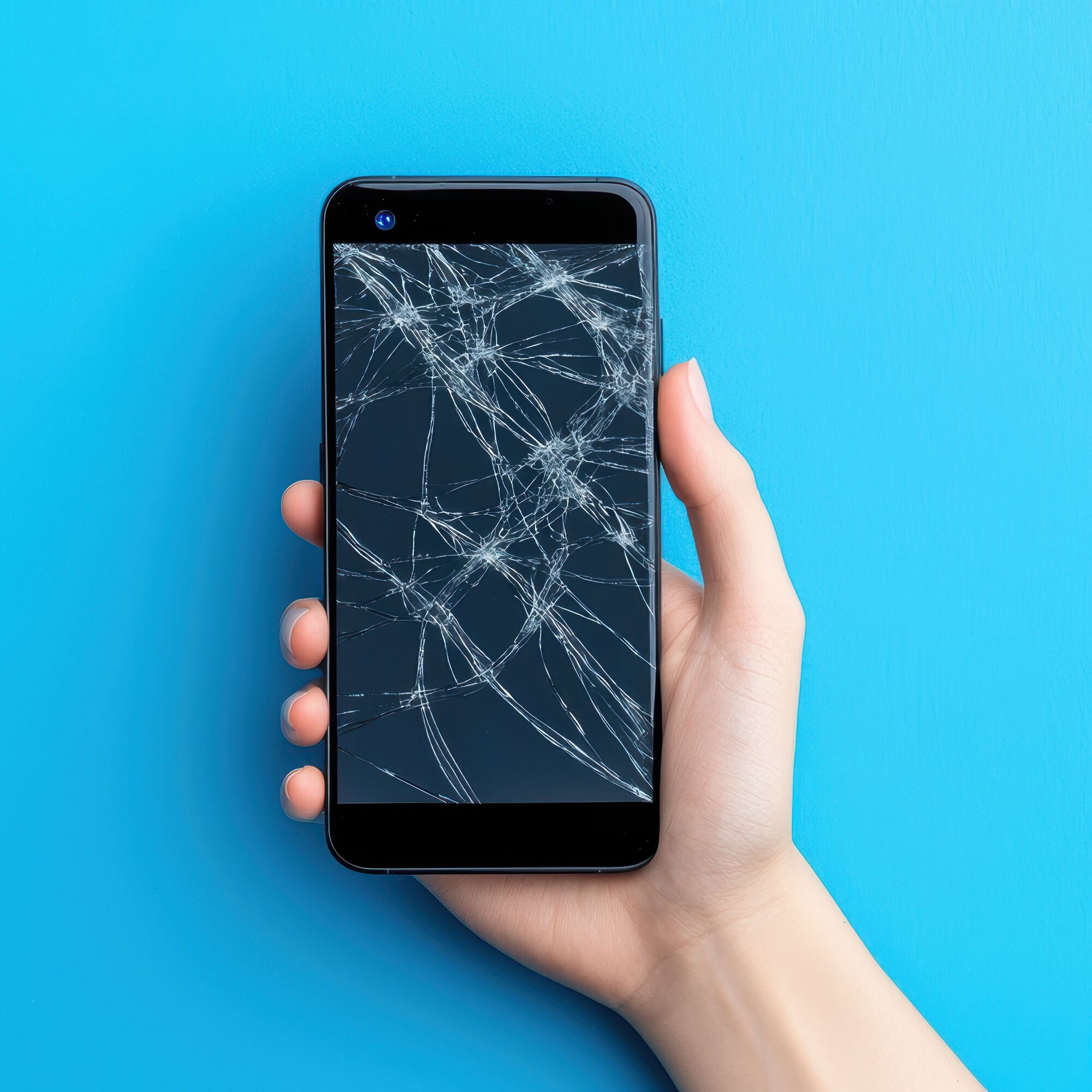 A hand holds a smartphone with a cracked screen against a blue background, illustrating damage and the need for repair.