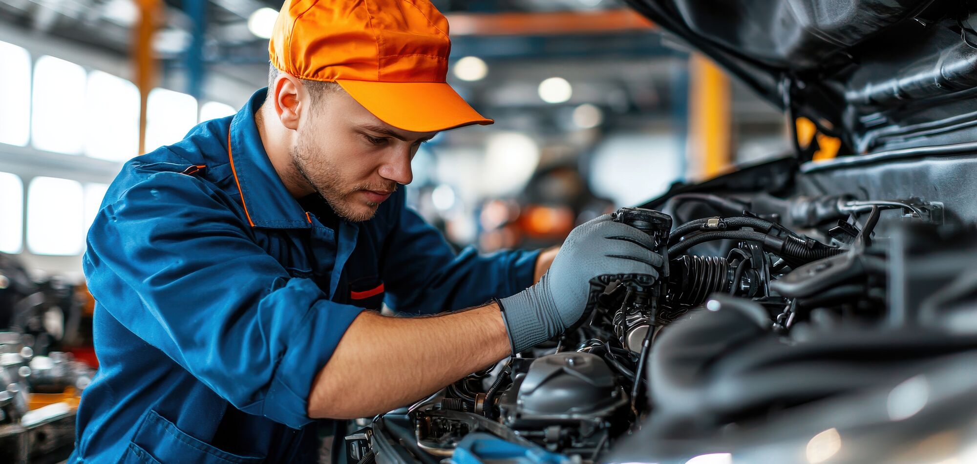 Male mechanic working on a car engine in an auto repair shop.