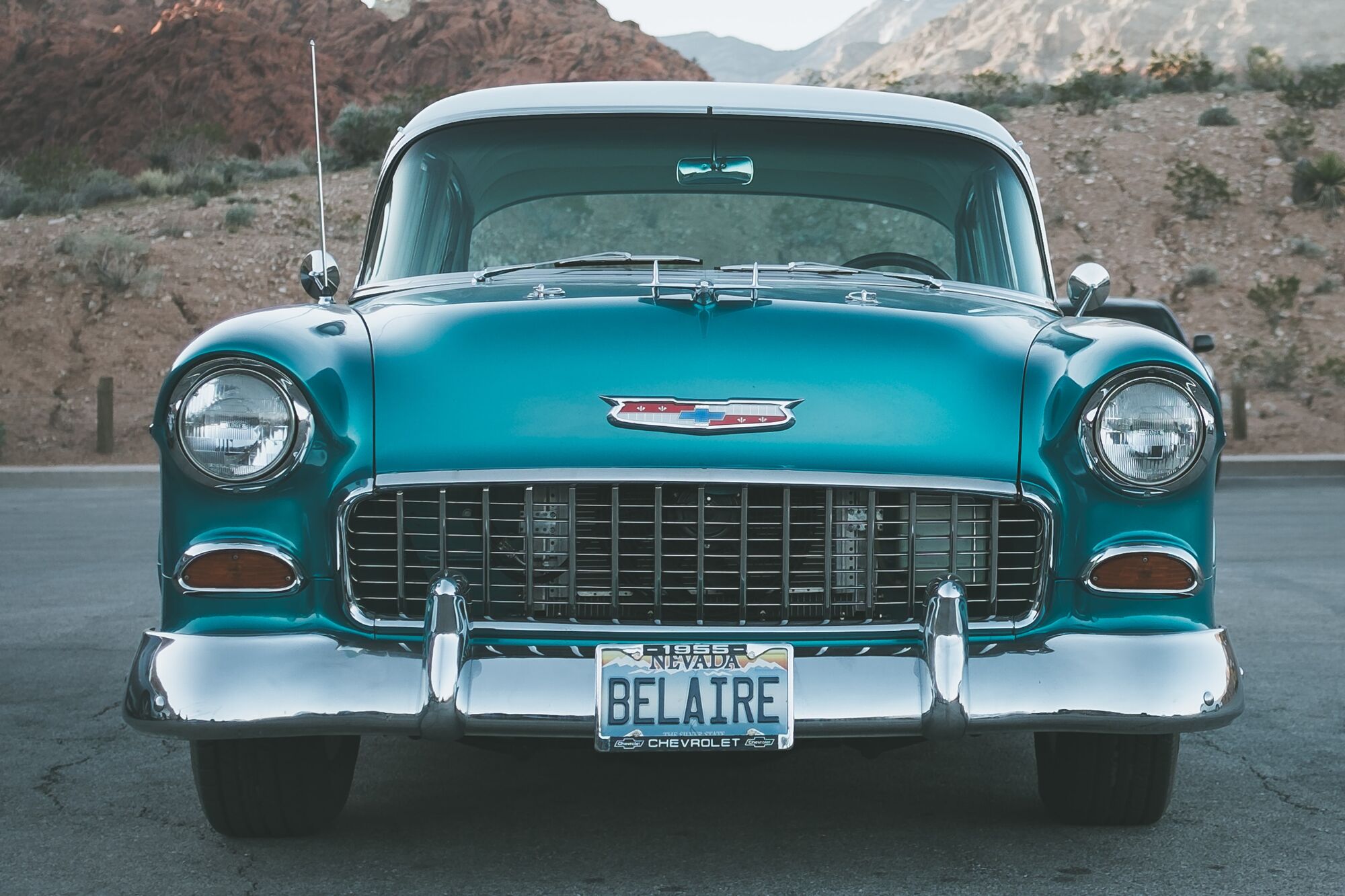 wide shot of 1955 chevy bel air