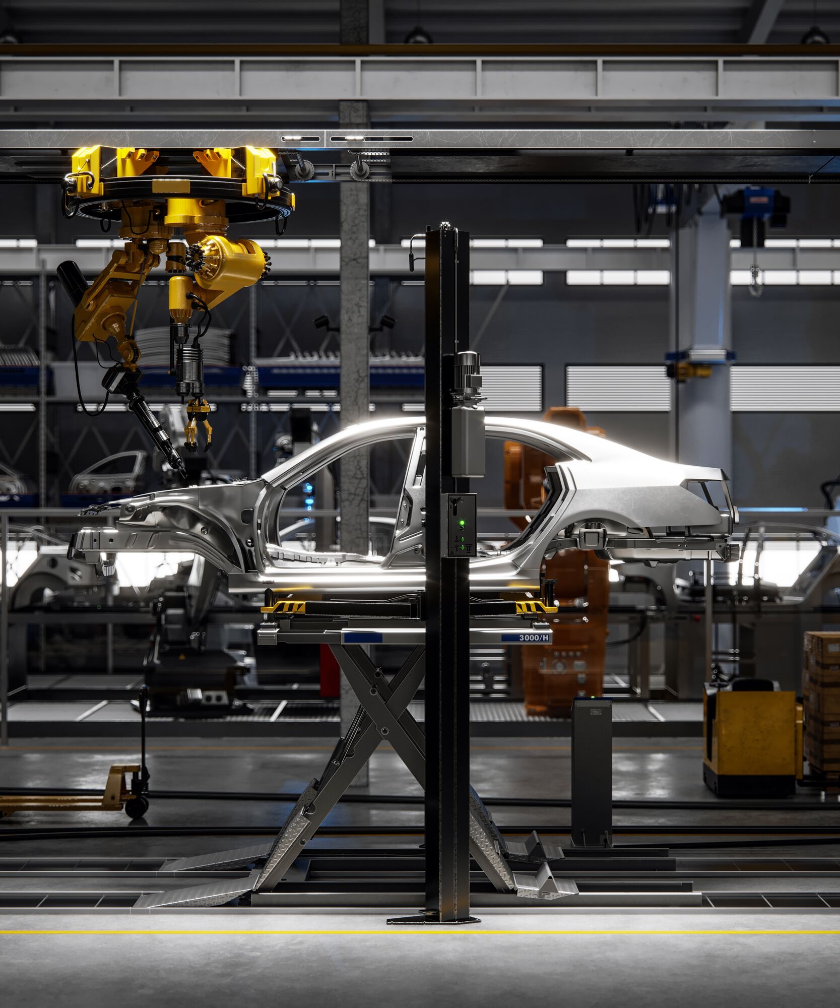 Car on robotic welding line. Automated production line in a car plant. 3d Rendering,