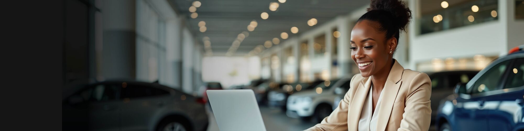 African American female auto F&I manager working on laptop at showroom desk